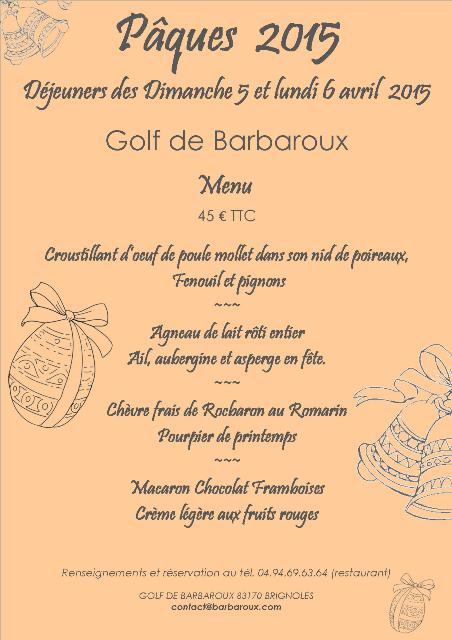 Menu de Paques 2015 Golf de Barbaroux